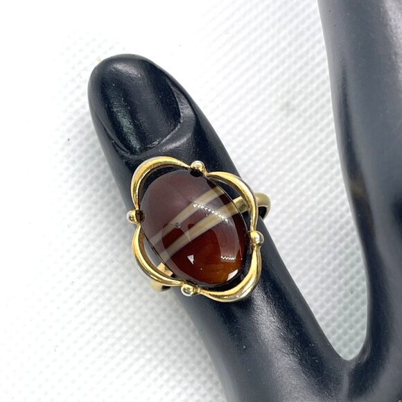 Vintage Faux Tiger Eye Ring Sarah Coventry Brown Adjustable Gold-Tone Size 7.25 - Picture 9 of 10
